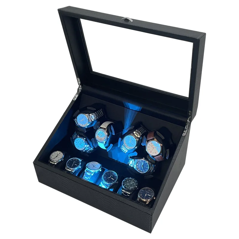 Deluxe Automatic Watch Winder Box for 6 Timepieces with Extra Storage, Quiet Motor, Blue LED Light, Welcome Mode Function, Multiple Rotation Settings, Black MDF PU Organizer with USB Power Adapter
