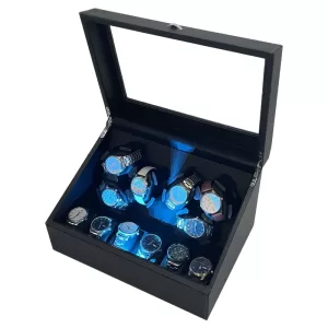 Deluxe Automatic Watch Winder Box for 6 Timepieces with Extra Storage, Quiet Motor, Blue LED Light, Welcome Mode Function, Multiple Rotation Settings, Black MDF PU Organizer with USB Power Adapter