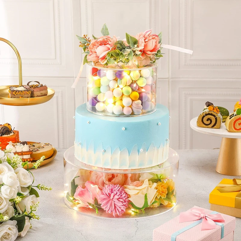2Pcs Acrylic Cake Stand Fillable Risers with LED Lights, Clear Stackable Cake Display Tiers for Wedding, Birthday, Party Centerpieces, DIY Decorations, Dessert Presentation Supplies - 图片 2