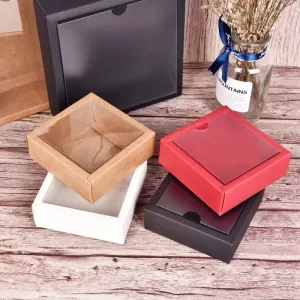 10Pcs Square Kraft Paper Gift Boxes with Frosted PVC Clear Lid, Cardboard Packaging Containers for Candy, Desserts, Soap, Handmade Cosmetics, Wedding and Party Favor Storage Cartons
