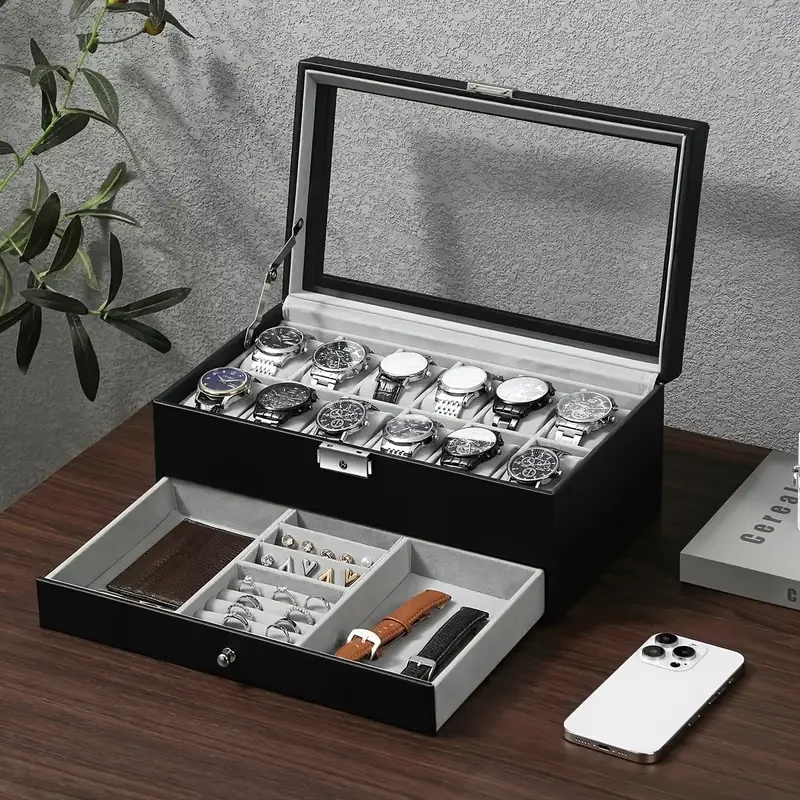 12-Slot PU Leather Lockable Watch Storage Box with Two-Tier Organizer, Secure Jewelry Display Drawer Case for Men and Women Featuring Soft Interior, Elegant Travel and Home Storage Solution for Luxury Accessories 2