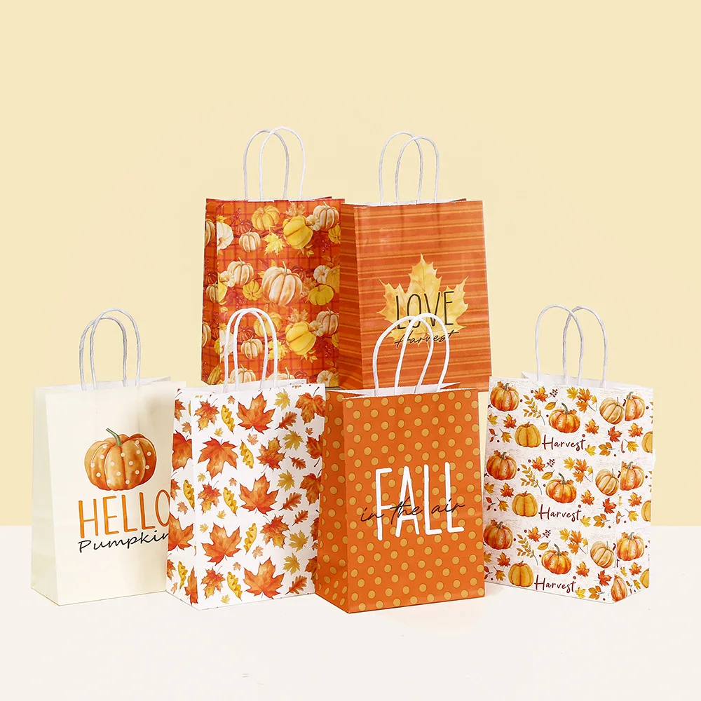 Autumn Pumpkin & Maple Leaf Kraft Paper Gift Bags for Candy, Sweets, Cookies, Party Favors, Thanksgiving, Baby Shower, Birthday, Wedding, Harvest Festival, Eco-Friendly Packaging, Large Capacity