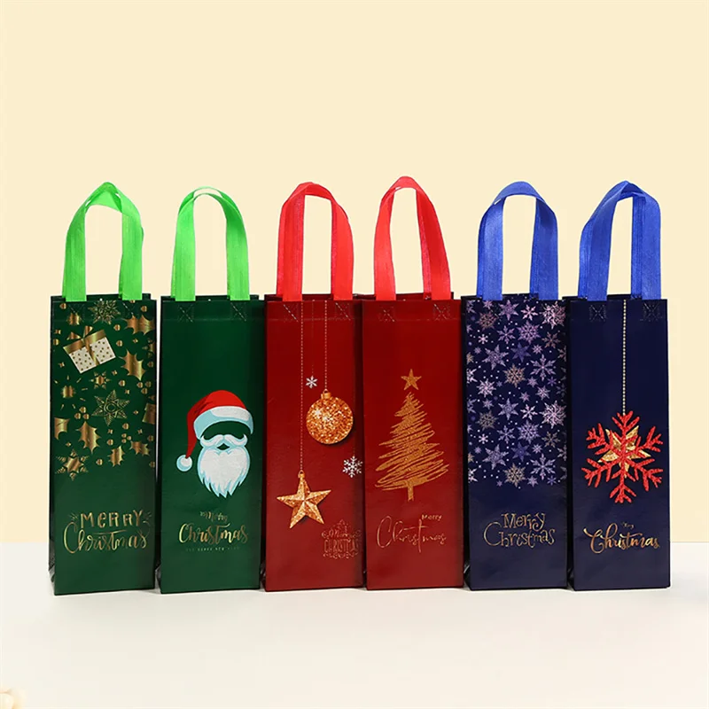 12pcs Christmas Non-woven Tote Bags for Red Wine Packaging Gift Reusable Waterproof Fabric Handbag Pouch Party Favors Custom Logo Available Durable Holiday Gift Storage 1