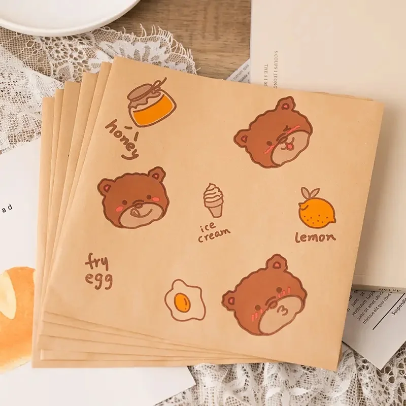 100-Pack Oil-Proof Sandwich Wrappers with Cute Bear Design, Microwave and Oven Safe, Leak-Resistant & Moisture-Proof Food-Grade Paper for Holiday Baking, Catering, Snacks, Lunches, Parties, and Multifunctional Food Packaging