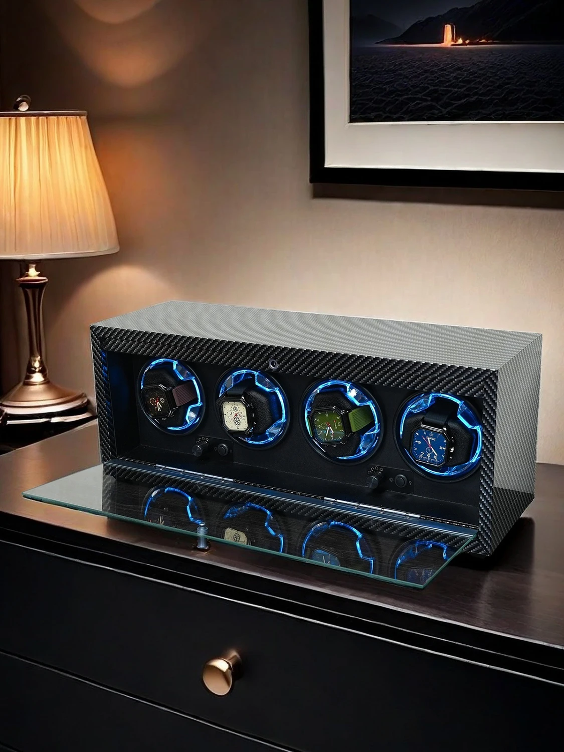 Automatic Watch Winder Box for Luxury Timepieces with 4 Slots, Ultra Quiet Japanese Motor, LED Blue Light, 6 Rotation Modes, Black Walnut Finish, PU Interior, Cover Stop Sensor, AC Adapter and Accessories - 图片 4