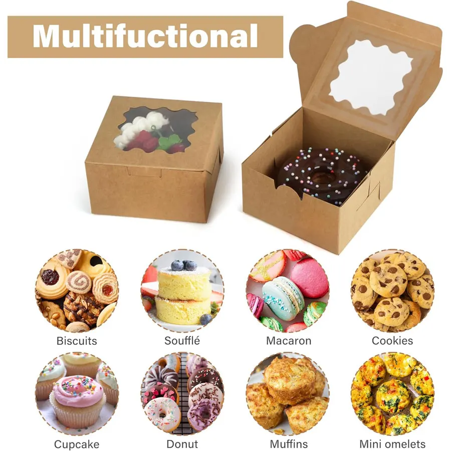 50/100Pcs Kraft Paper Cake Boxes with Clear Window, 4x4x2.5 Inch Cardboard Dessert Containers for Pastries, Macarons, Chocolates, Biscuits, Cookies and Bakery Packaging Supplies 4