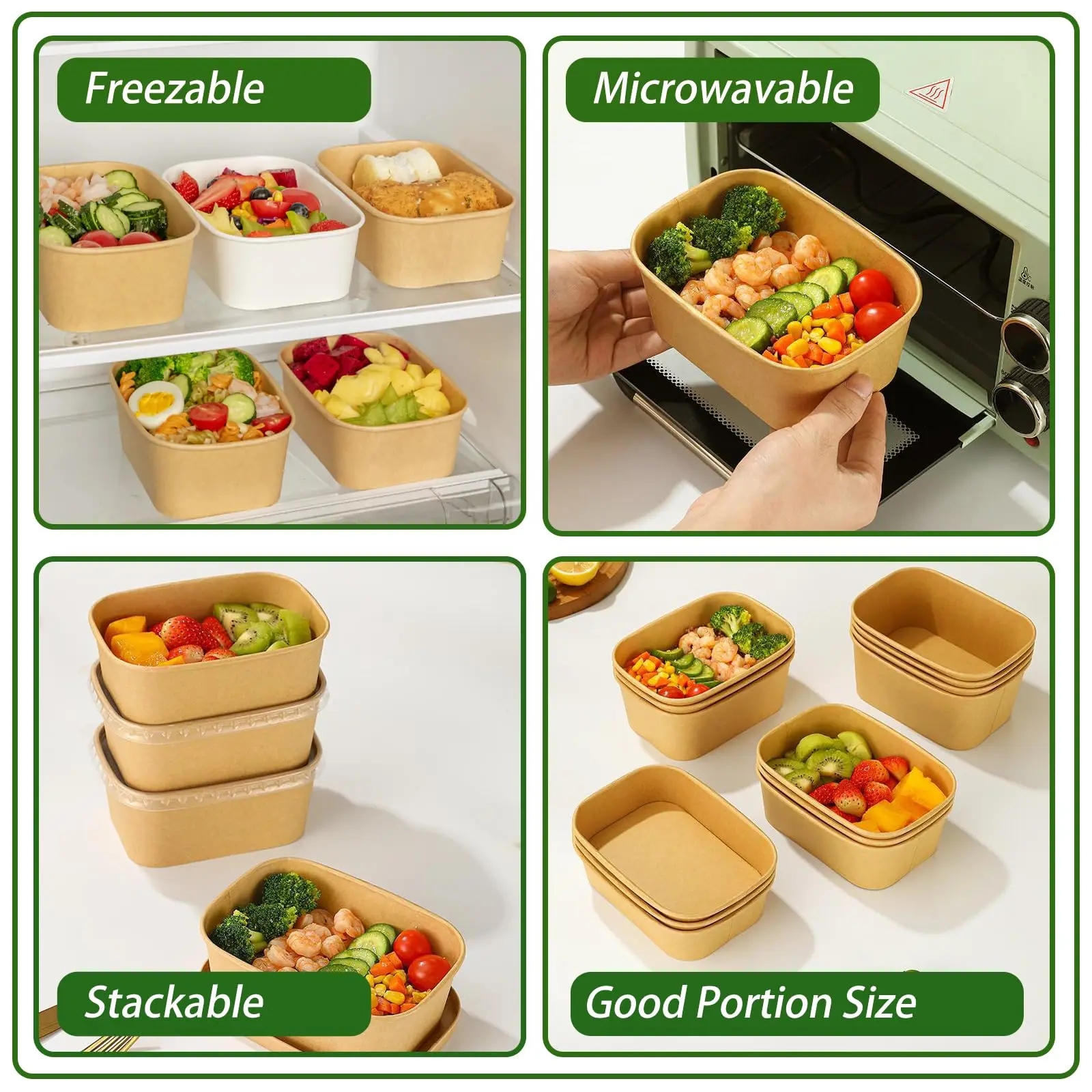 25-Pack Kraft Paper Lunch Box Bowls with Lids Disposable Square Food Containers for Salads Fast Food Bento Meals Takeout Microwave-Safe Food Storage Containers 500ml-1000ml - 图片 5
