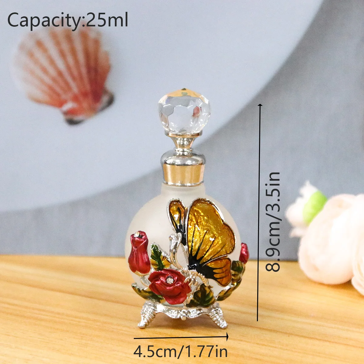 25ml Decorative Butterfly Rose Bottle with Zinc Alloy Metal Detailing and Glass Interior – Elegant Empty Container with Stainless Steel Applicator Stick for Essential Oils, Attar, Serums and Gift Packaging - 图片 4
