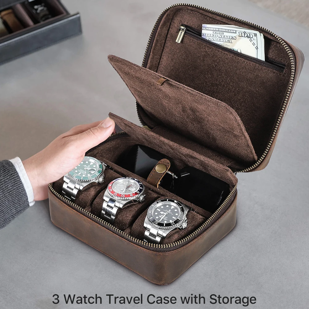 Travel Watch Organizer | Premium Retro Genuine Leather Travel Organizer for Watches, Sunglasses and Jewelry with Soft Velvet Lining, Multi-slot Storage Box, Elegant Gift Case for Men and Women, Portable and Durable Luxury Design - 图片 2