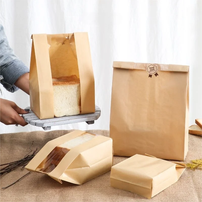 50PCS Kraft Paper Bakery Bags with Clear Window, Toast Sandwich Cookie Biscuit Candy Packaging Pouches, Eco-Friendly Paper Bread Bags for Baking Supplies, Party Favors, Takeout and Handmade Gift Wrapping 1