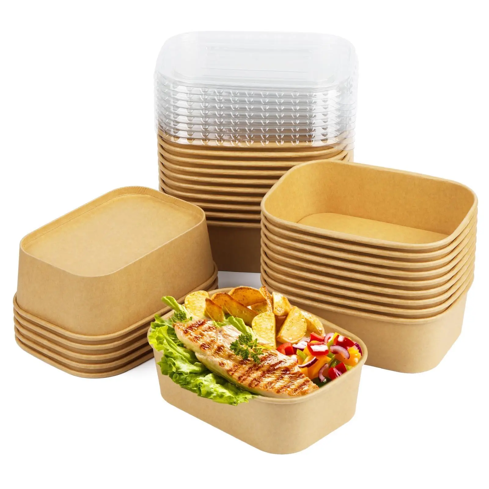 25pcs Kraft Paper Round Bowls Lunch Box Bento Box Food Containers with Lid Disposable Takeaway Soup Salad Noodles Meal Prep Eco-Friendly Food Storage for Picnic Party Travel - 图片 5