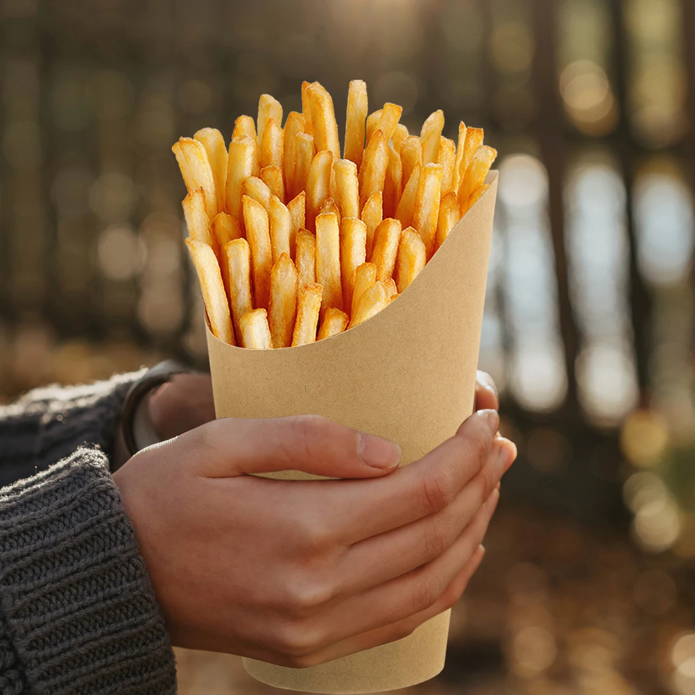 1 Set Kraft Paper Snack Cups with Bamboo Picks and Label Sheets, 12oz Disposable French Fries Holders Popcorn Candy Dessert Food Containers for Birthday Wedding Party Supplies and Takeout Packaging 5