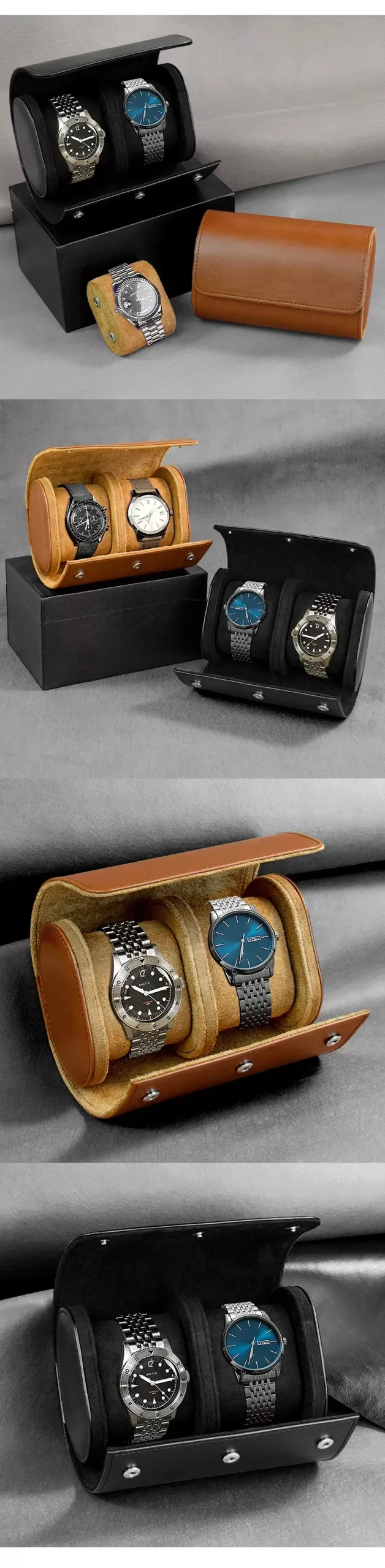 Travel Watch Organizer | Premium PU Leather Watch Roll Case for 2 or 3 Watches, Portable Travel Storage Organizer for Men, Vintage Style Watch Display Box with Soft Lining, Black Grey Blue Green Brown Compact Carry Bag 9