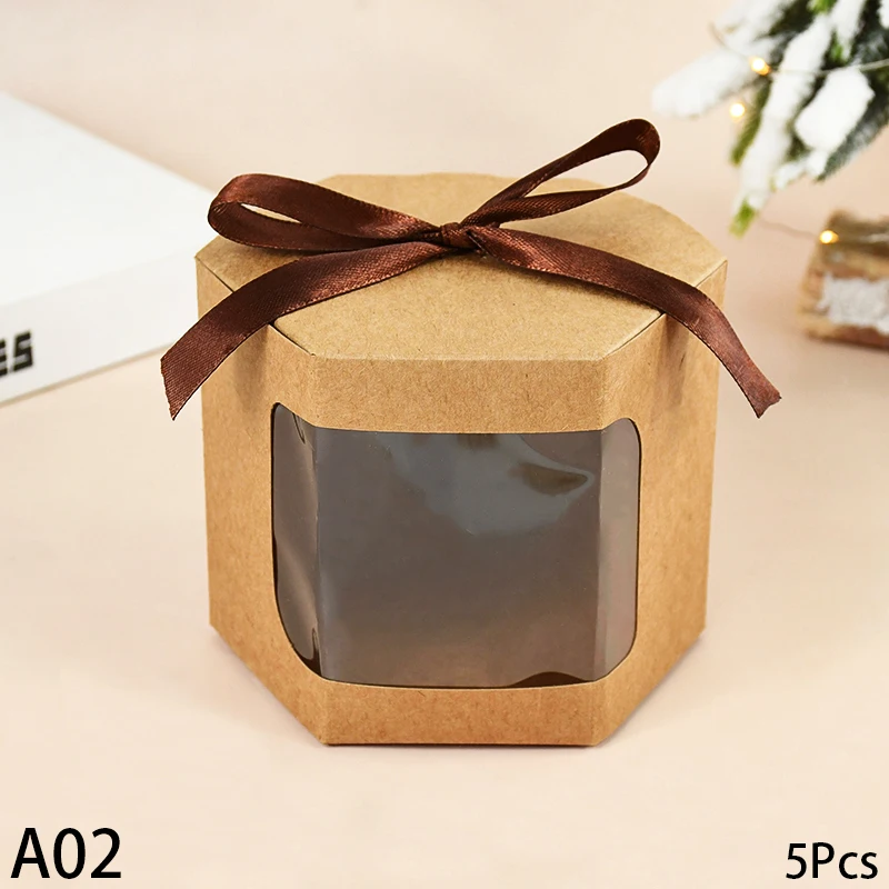 5Pcs Hexagon Kraft Paper Gift Boxes with Transparent Window, Brown and White Dessert Packaging Containers for Baking, Wedding Favors, Candy, Chocolates, and Party Gift Presentation - 图片 7