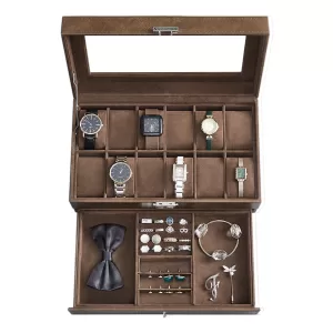 12-Slot Watch Box with Lockable Glass Lid and 2-Layer Design, Velvet-Lined Jewelry Storage Case with Bottom Drawer for Rings, Bracelets, Necklaces, and Accessories, Elegant Display Organizer for Home or Travel
