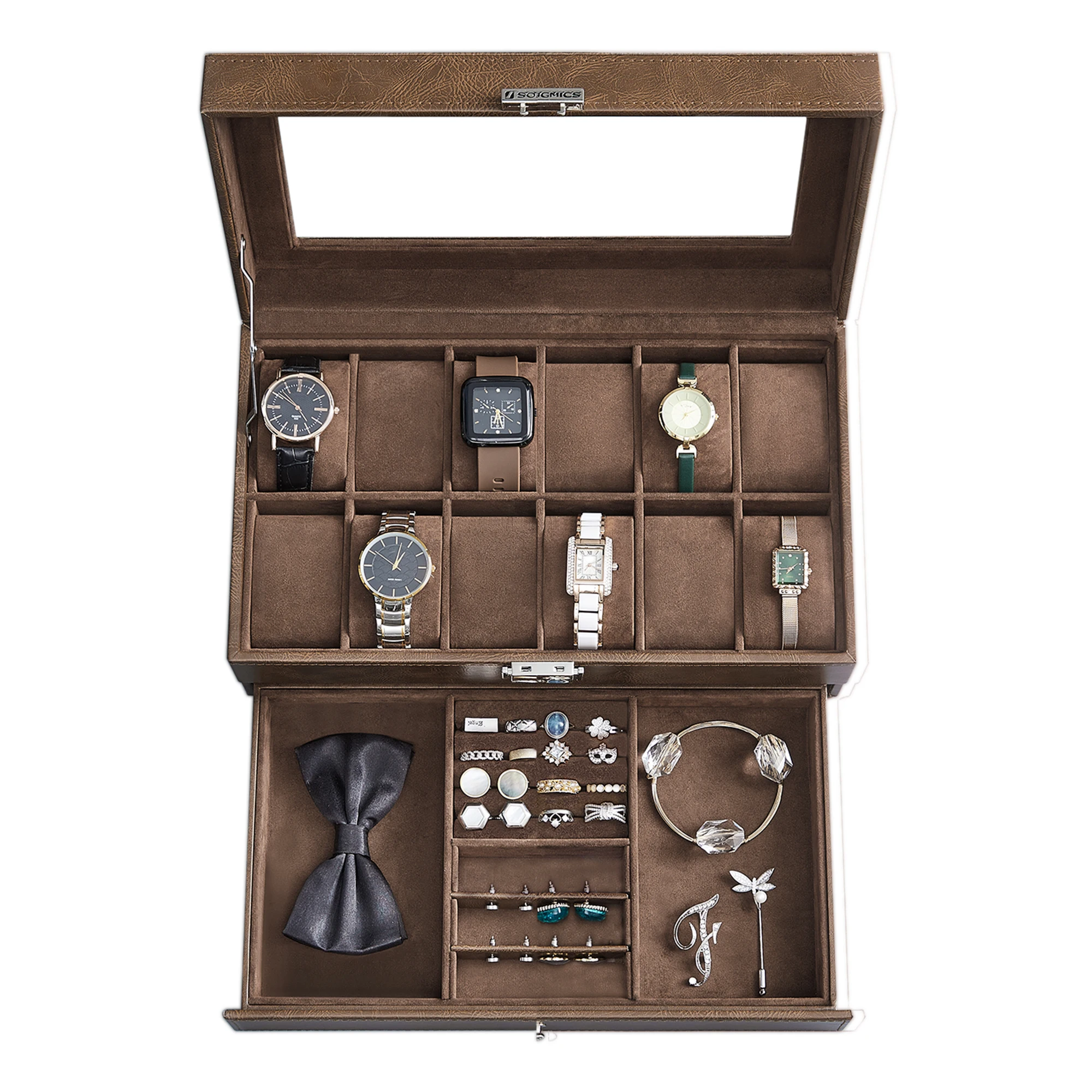12-Slot Watch Box with Lockable Glass Lid and 2-Layer Design, Velvet-Lined Jewelry Storage Case with Bottom Drawer for Rings, Bracelets, Necklaces, and Accessories, Elegant Display Organizer for Home or Travel