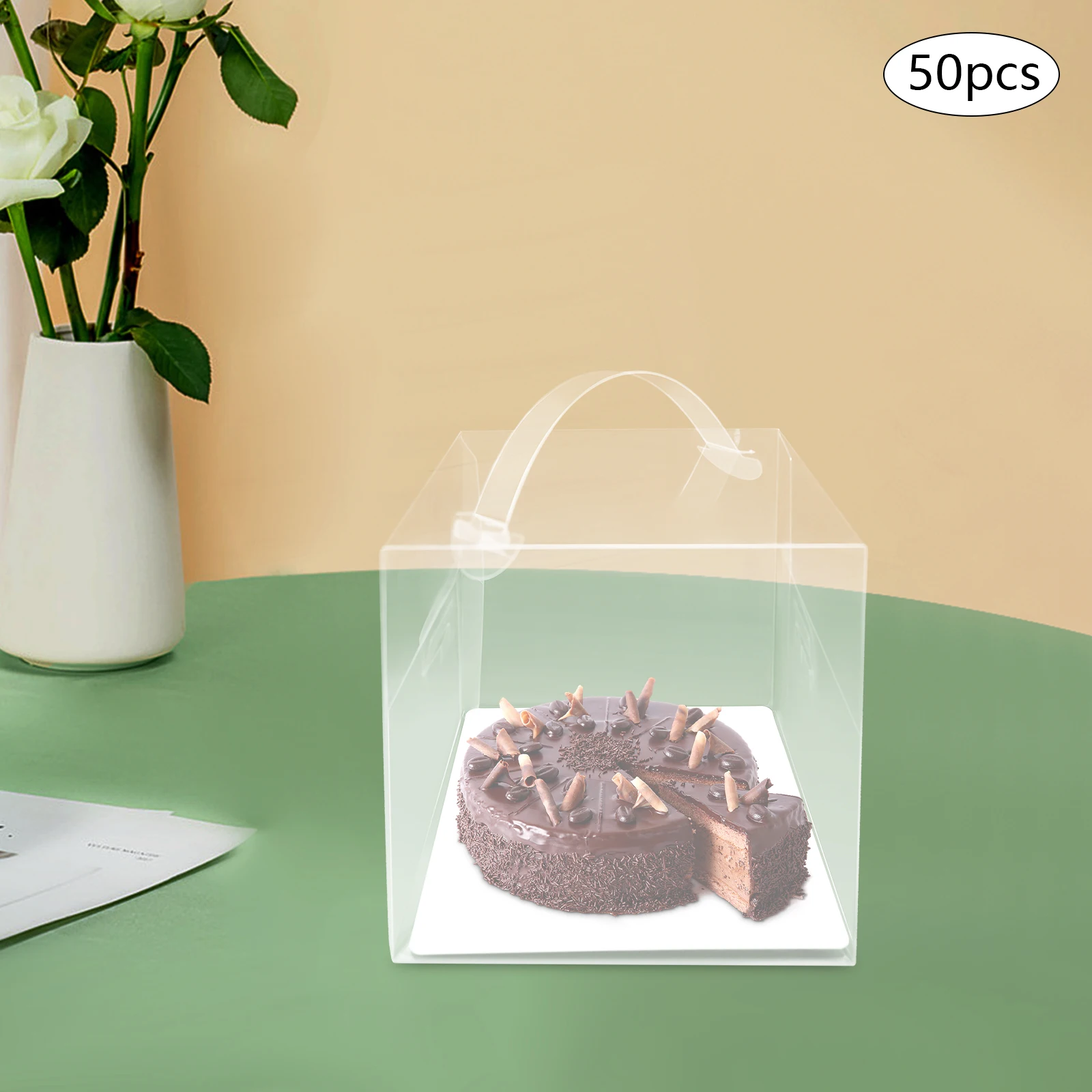 50pcs Clear PET Square Cake Boxes with Handles, 13x13x13cm Assembly Required, Food-Safe Plastic and Cardboard Dessert Packaging, Cupcake and Cookie Containers for Bakery, Birthday, Wedding, Party - 图片 5