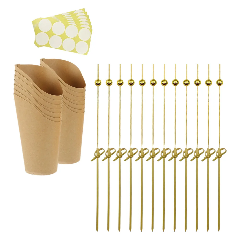 1 Set Kraft Paper Snack Cups with Bamboo Picks and Label Sheets, 12oz Disposable French Fries Holders Popcorn Candy Dessert Food Containers for Birthday Wedding Party Supplies and Takeout Packaging 1