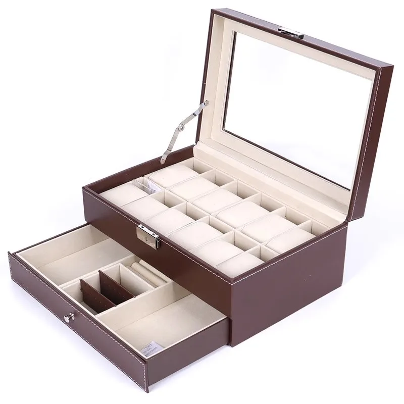 12-Slot PU Leather Lockable Watch Storage Box with Two-Tier Organizer, Secure Jewelry Display Drawer Case for Men and Women Featuring Soft Interior, Elegant Travel and Home Storage Solution for Luxury Accessories - 图片 9