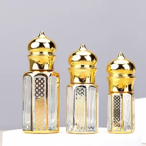 3ml 6ml 15ml Mini Glass Roller Bottles Empty Refillable Roll-On Containers for Essential Oils, Perfume, DIY Aromatherapy, Travel Size Octagon Shape Gold Cap Portable Vials for Massage and Skincare