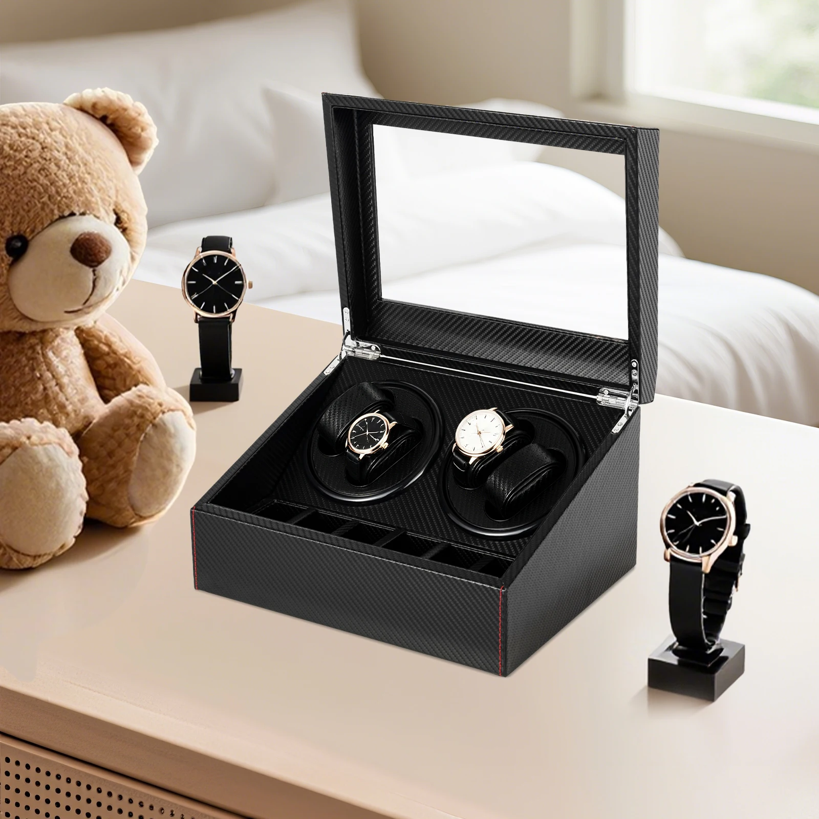 Automatic Watch Winder Box for 10 Watches, Ultra-Quiet 10dB Operation, Non-Magnetic Protection, 4 Rotating + 6 Storage Compartments, Premium MDF PU Glass Copper Construction, Elegant Modern Rectangle Display Case with Bidirectional Rotation 1