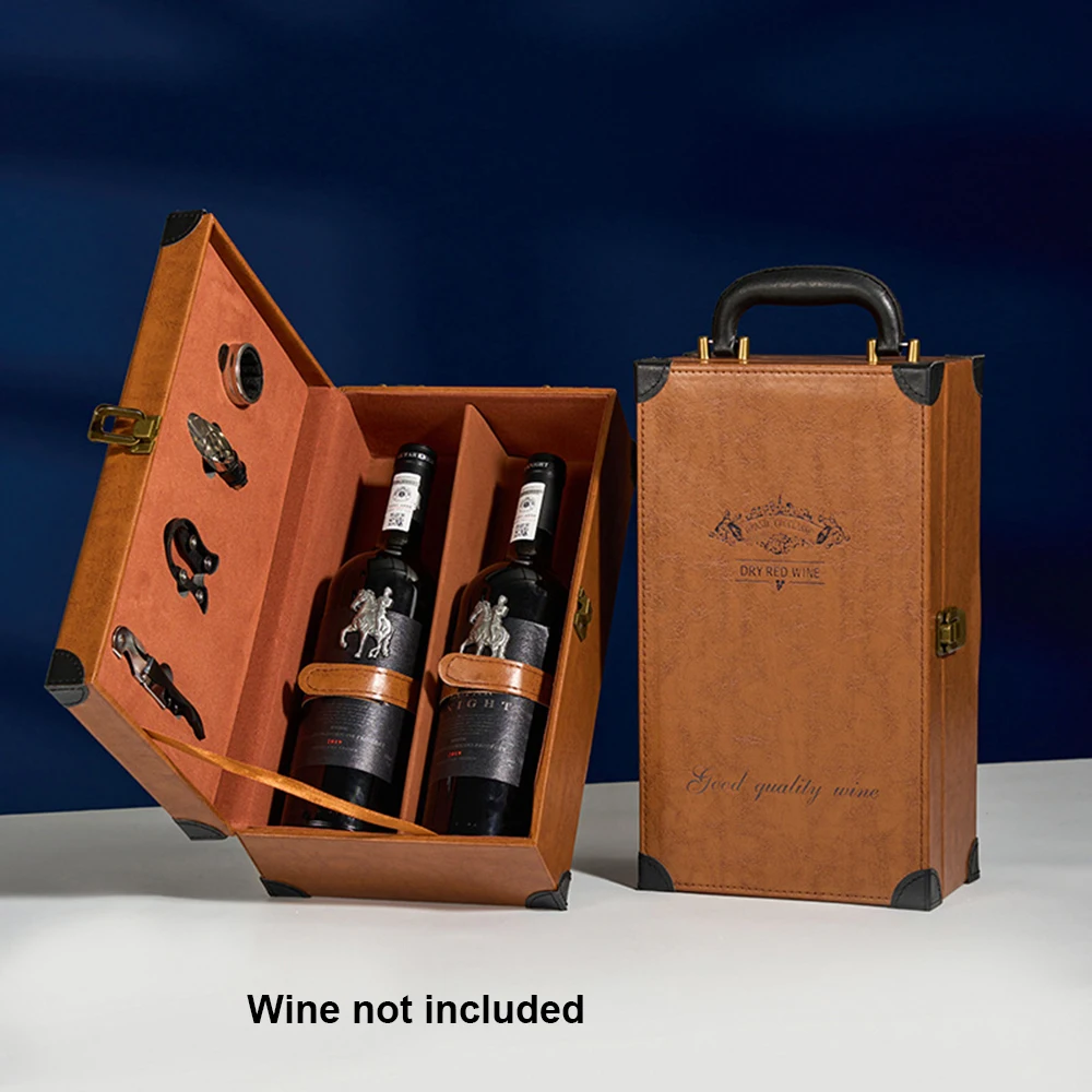 2 Bottle Wine Gift Box with 4 Accessories Set – PU Leather Portable Wine Carrier Tote, Dual Bottle Storage and Presentation Box for Home Display, Business Gifting, and Wine Collection - 图片 10