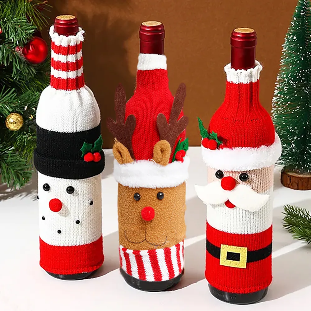 Christmas Sweater Wine Bottle Covers Set – 3/5/10PCS Knitted Santa & Snowman Bottle Bags, Reusable Holiday Decoration for Party, Dinner Table, Restaurant, Coffee Shop, Gift for Wine Lovers
