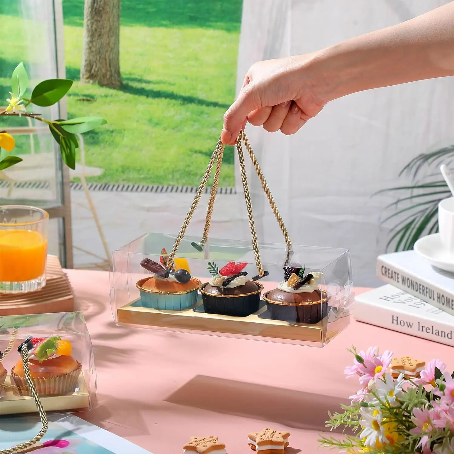 10Pcs Clear Cupcake Boxes with Rope Handles, Portable Rectangular 3-Compartment Cake Containers, PET and Cardboard Dessert Carriers for Parties, Weddings, Birthdays, Baby Showers - 图片 6