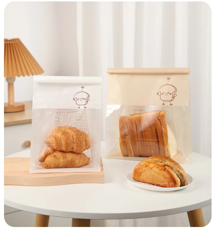 50 Pieces Kraft Paper Roll-Edge Sandwich & Toast Bags with Cartoon Window Print, Food-Safe Packaging for Bread, Desserts, Sweet Potato Rolls, Edible Grade, Durable and Stylish 8