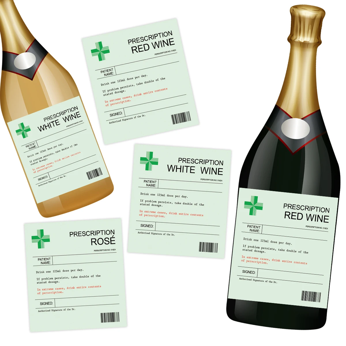 6-Pack Prescription-Themed Wine Bottle Stickers – Funny Christmas & Holiday Vinyl Labels for Birthday, Anniversary, Party Gifts, and Wine Decoration