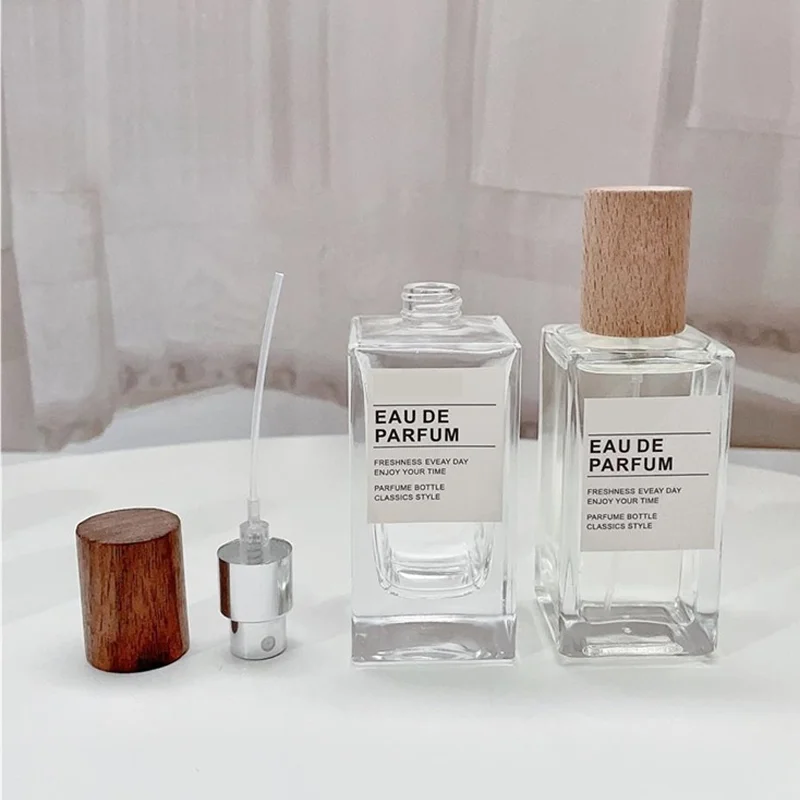 30ml & 50ml Refillable Flat Square Glass Perfume Bottles – Portable Travel Cosmetic Spray Containers with Replacement Wooden Caps, Empty Reusable Fragrance and Essential Oil Storage - 图片 3