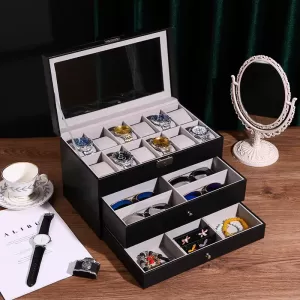 3-Layer Black PU Leather Watch and Eyeglasses Organizer with Glass Lid, Metal Buckle, Velvet-Lined Jewelry Display Drawer, Multi-Compartment Storage Case for Watches, Sunglasses, Rings, Bracelets, Necklaces