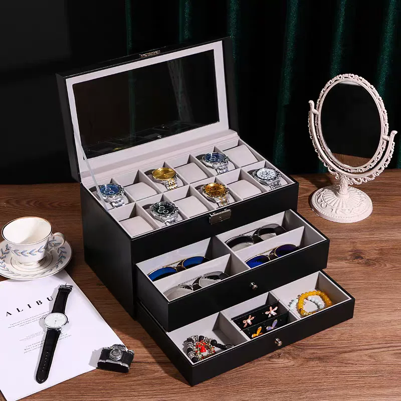 3-Layer Black PU Leather Watch and Eyeglasses Organizer with Glass Lid, Metal Buckle, Velvet-Lined Jewelry Display Drawer, Multi-Compartment Storage Case for Watches, Sunglasses, Rings, Bracelets, Necklaces
