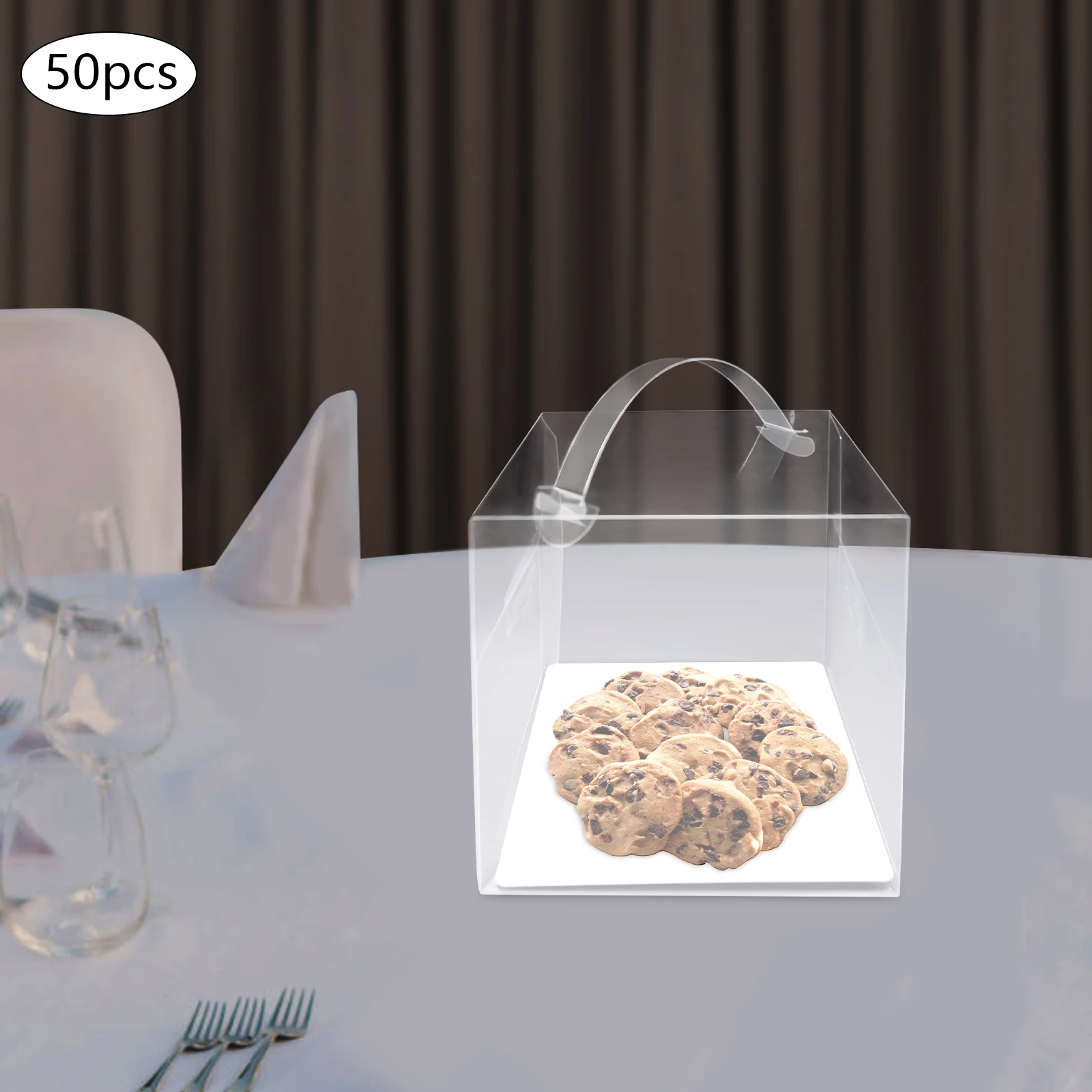 50pcs Clear PET Square Cake Boxes with Handles, 13x13x13cm Assembly Required, Food-Safe Plastic and Cardboard Dessert Packaging, Cupcake and Cookie Containers for Bakery, Birthday, Wedding, Party - 图片 7