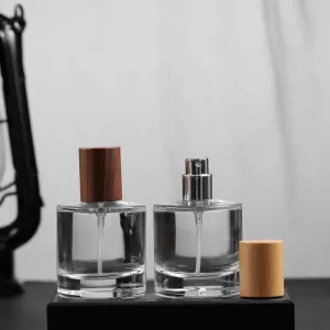 5PCS 50ML Premium Refillable Glass Perfume Bottles, Empty Spray Containers with Elegant Wood Caps, Crimp Neck Bayonet Atomizer Bottles for Travel, Cosmetic Display, Boutique Retail and Luxury Gift Packaging