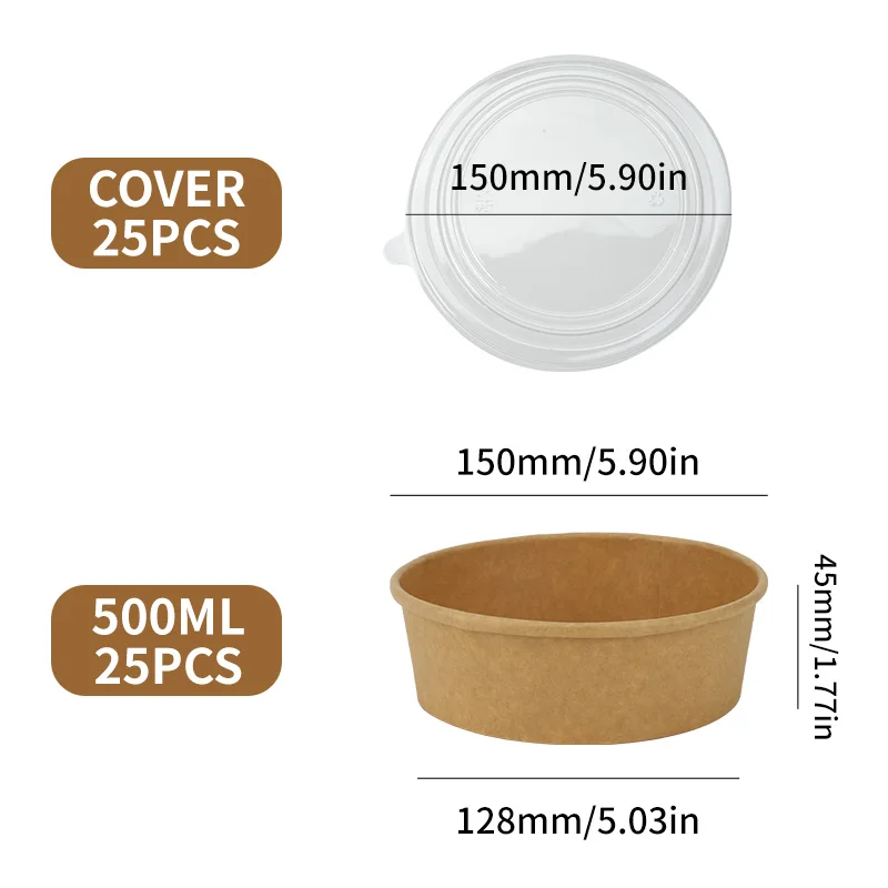 25pcs Kraft Paper Round Bowls Lunch Box Bento Box Food Containers with Lid Disposable Takeaway Soup Salad Noodles Meal Prep Eco-Friendly Food Storage for Picnic Party Travel - 图片 10