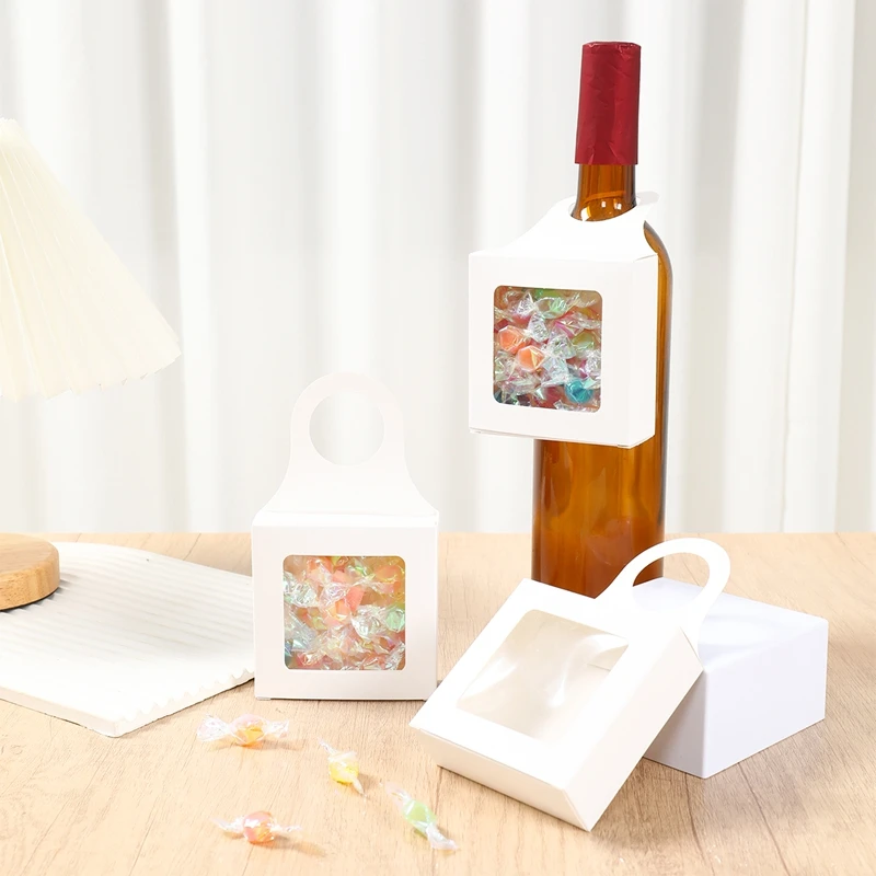 10pcs Kraft Paper Wine Gift Packaging Boxes with Window – Folding Hanging Candy, Biscuit, and Cookie Boxes, Reusable Black/White Cardboard Paper Packaging for Gifts and Parties 3
