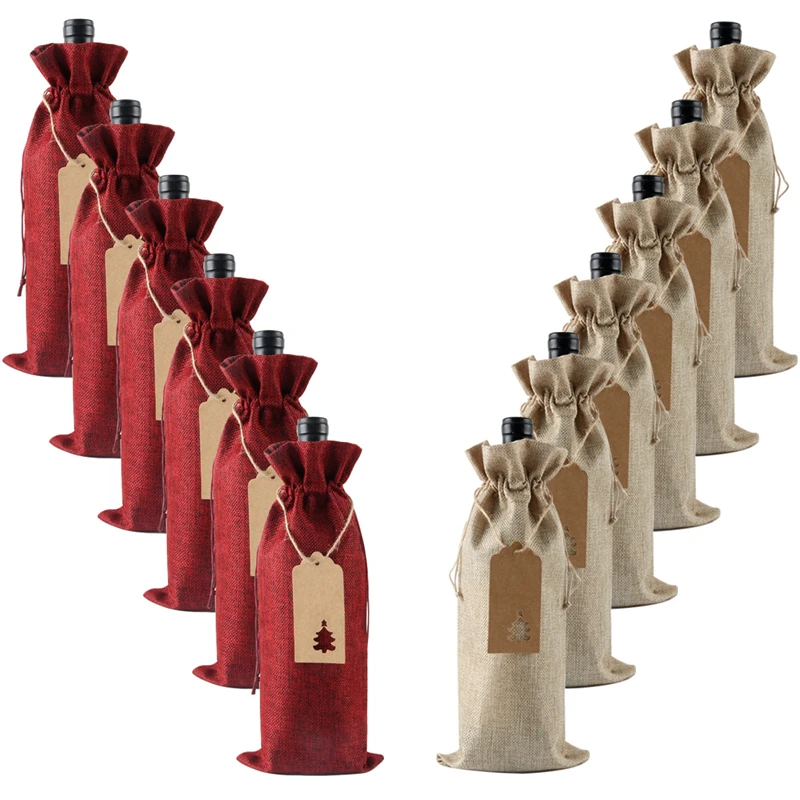 12PCS Burlap Wine Gift Bags with Tags & Jute Rope, Reusable Linen Wine Bottle Covers with Drawstring, Rustic Multicolor Jute Wraps for 750ml Champagne Bottles, Christmas Wedding Birthday Party Packaging 1