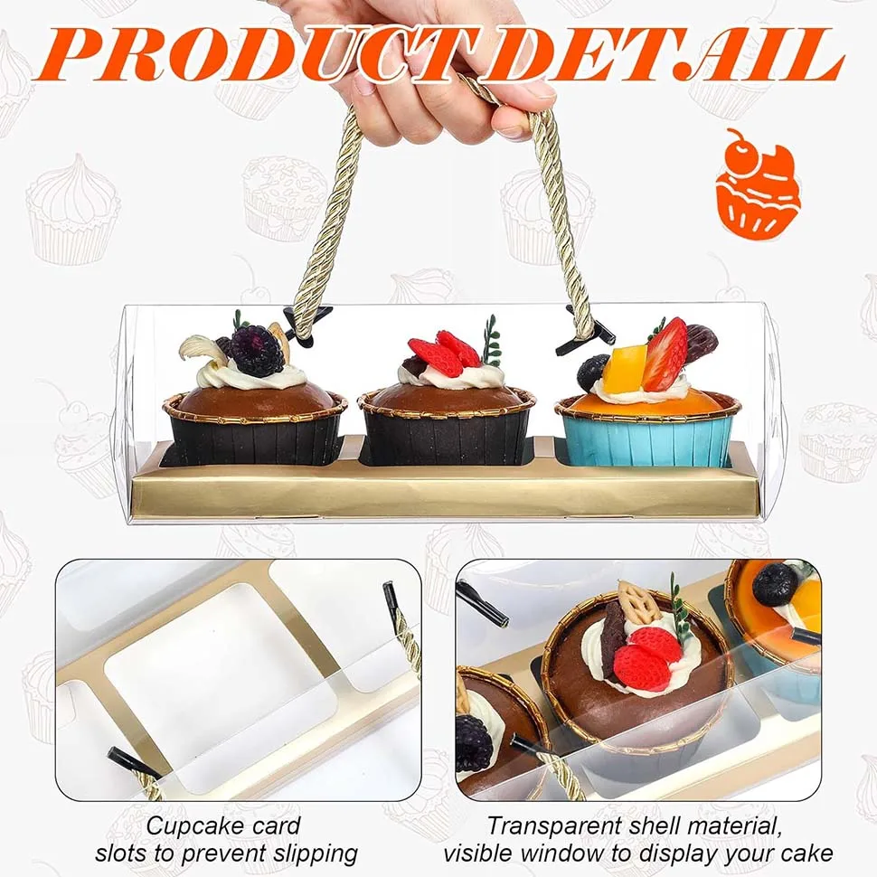 10Pcs Clear Cupcake Boxes with Rope Handles, Portable Rectangular 3-Compartment Cake Containers, PET and Cardboard Dessert Carriers for Parties, Weddings, Birthdays, Baby Showers 4