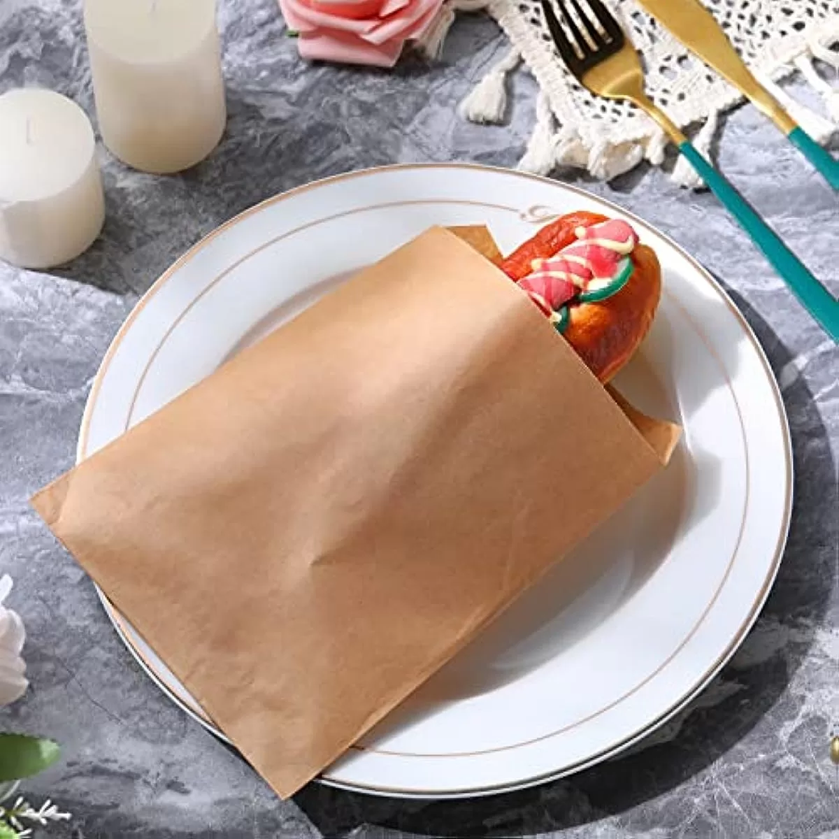 100pcs 5x7 Inches Grease-Resistant Brown Paper Treat Bags, Flat Greaseproof Snack Bags for Cookies, Candy, Sandwiches, Popcorn, Doughnuts, Pastry, and Party Favor Packaging 4