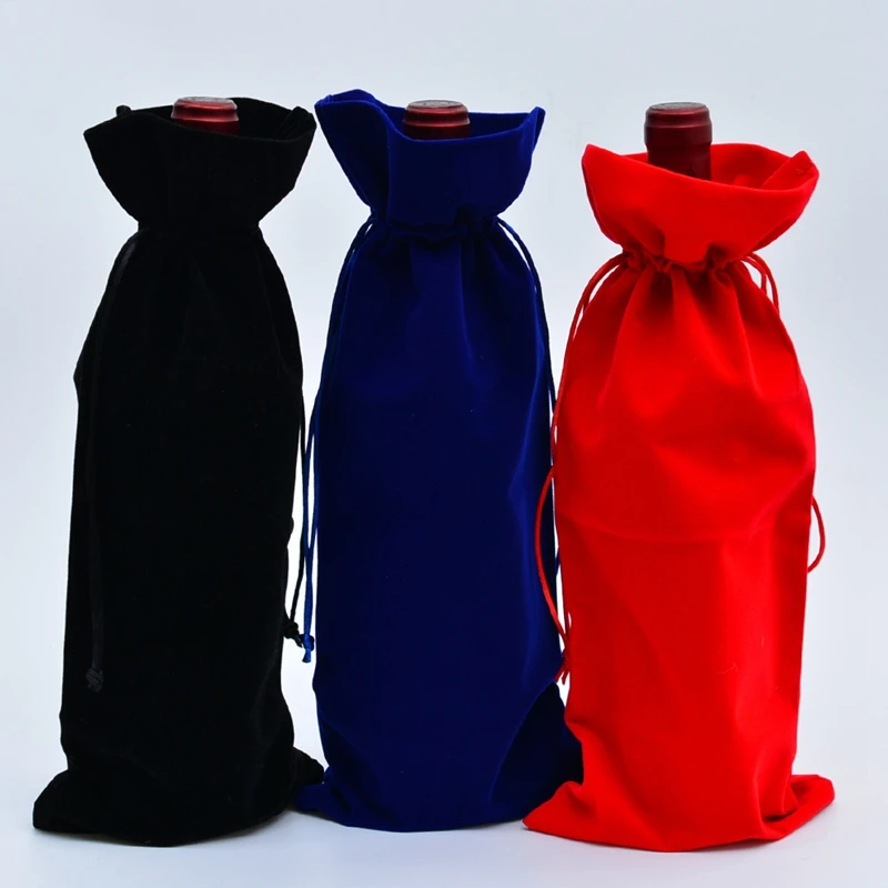 Luxury Velvet Red Wine Bottle Bag with Drawstring – 15×35cm Flannel Gift Pouch for Wedding, Birthday, Graduation, Party, or Housewarming – Soft Cloth Wine Cover, Elegant Gift Packaging - 图片 5