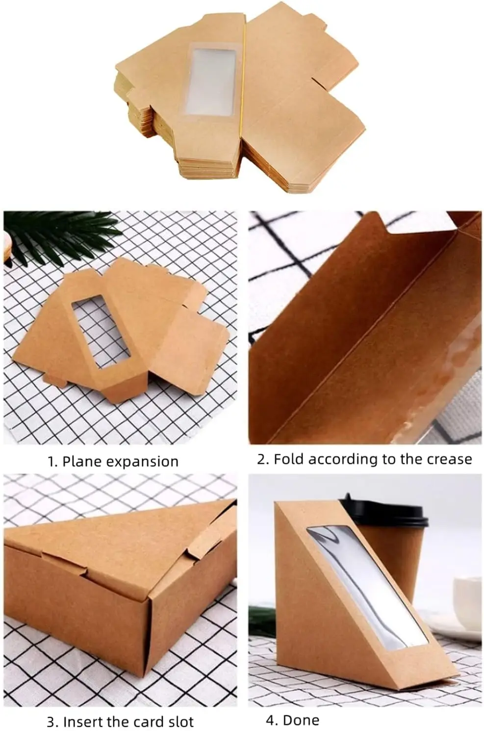 Kraft Paper Sandwich Boxes with Clear Window – Disposable Triangular Packaging for Sushi, Charcuterie, Cake Slice, Bakery Display, and Takeaway Services - 图片 6