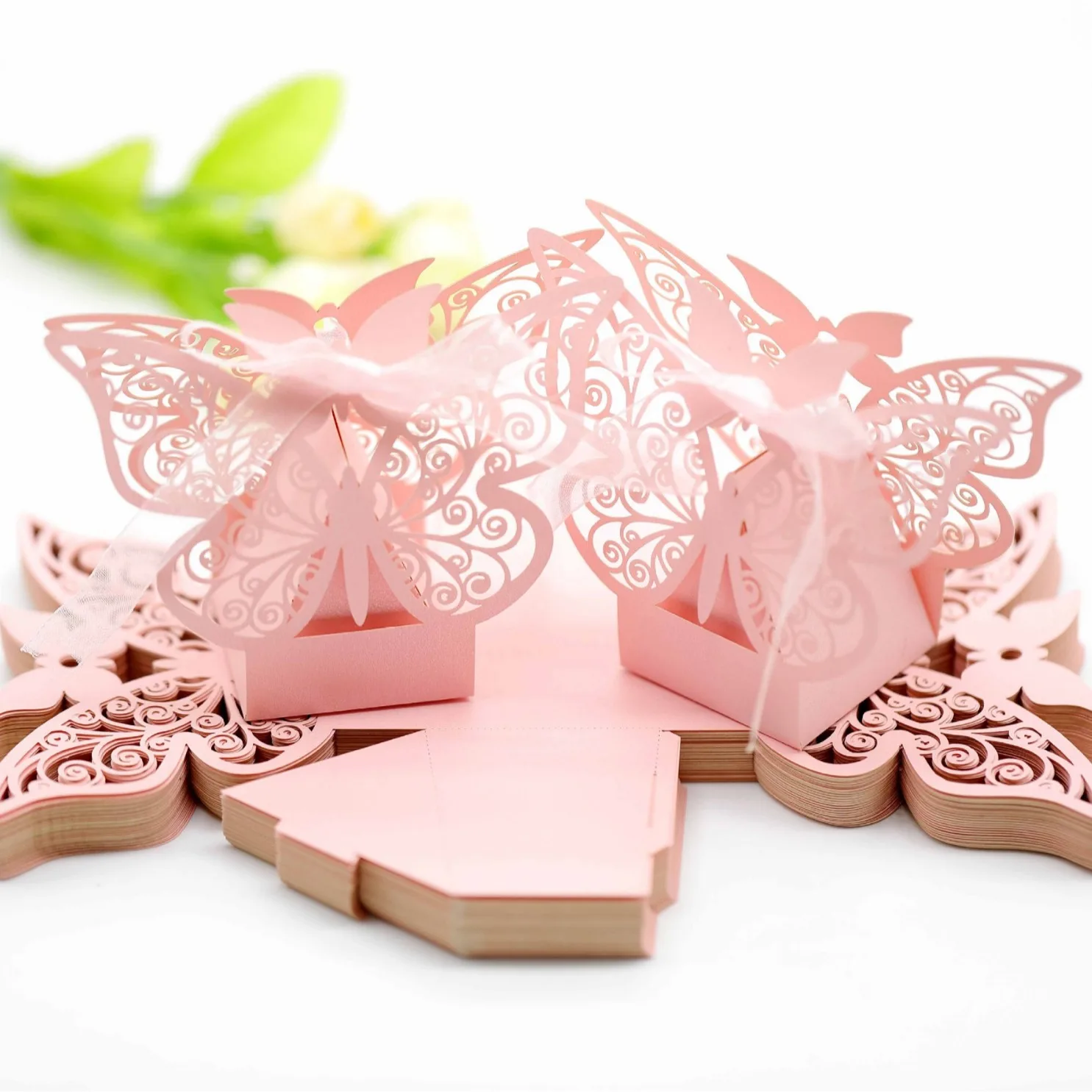 50pcs Laser Cut Candy Favor Boxes with Ribbons, Wedding Gift Cartons for Chocolate Cookie Treats, Baby Shower Bridal Shower Party Supplies, Solid Color & Rainbow Decorative Packaging