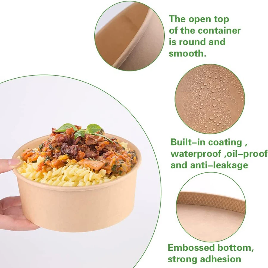 20Pcs Disposable Kraft Paper Bowls with Lids, Eco-Friendly Takeaway Salad Containers, Leak-Proof Lunch Box for Soup, Rice, Noodles, Snacks, Fruit, Desserts, Fast Food Packaging for Parties & Catering - 图片 3