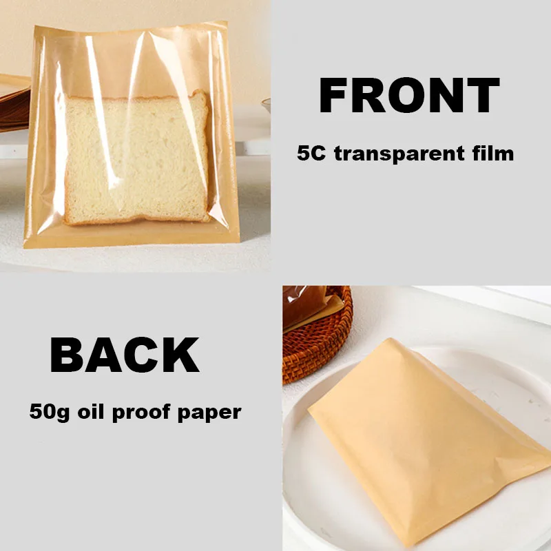 100/200PCS Kraft Paper Food Packaging Bags with Transparent Window, Heat Resistant Oil Proof Bakery Bags for Bread, Toast, Cookies, Pastries, Sandwich, Candy, Snack, Café Takeout, Party Supplies - 图片 3