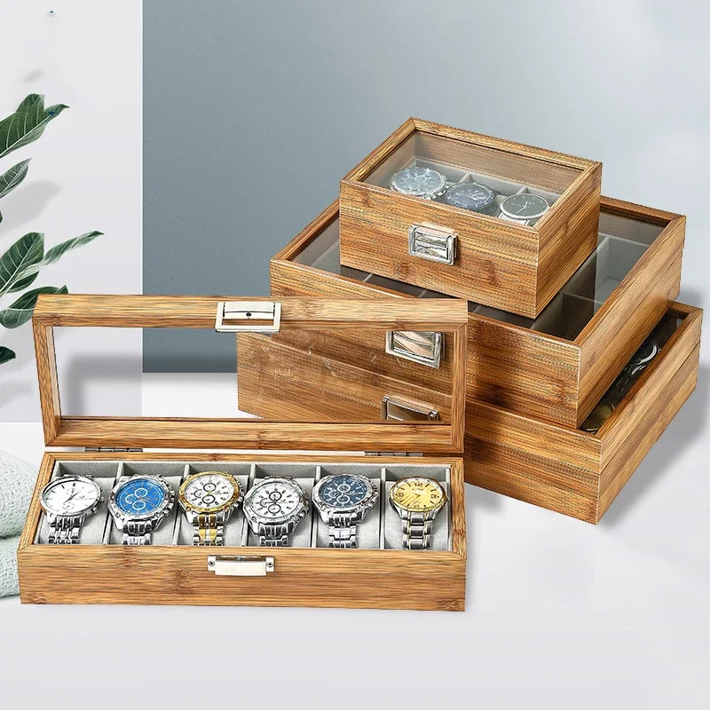 Handcrafted Bamboo Watch Organizer Display Box, 3/6/10/12 Slots Timepiece Storage Case for Men & Women, Elegant Festive Gift Presentation, Eco-Friendly Bamboo Material, Protective Clock Grid Compartments, Luxury Wooden Display Case for Watches and Bracelets