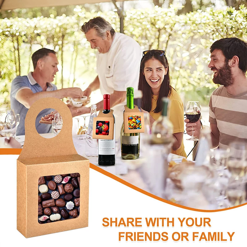 30Pcs Kraft Paper Wine Bottle Gift Boxes with Transparent Window – Hanging Foldable Recyclable Packaging Boxes for Wedding, Party, and Holiday Gift Display - 图片 3