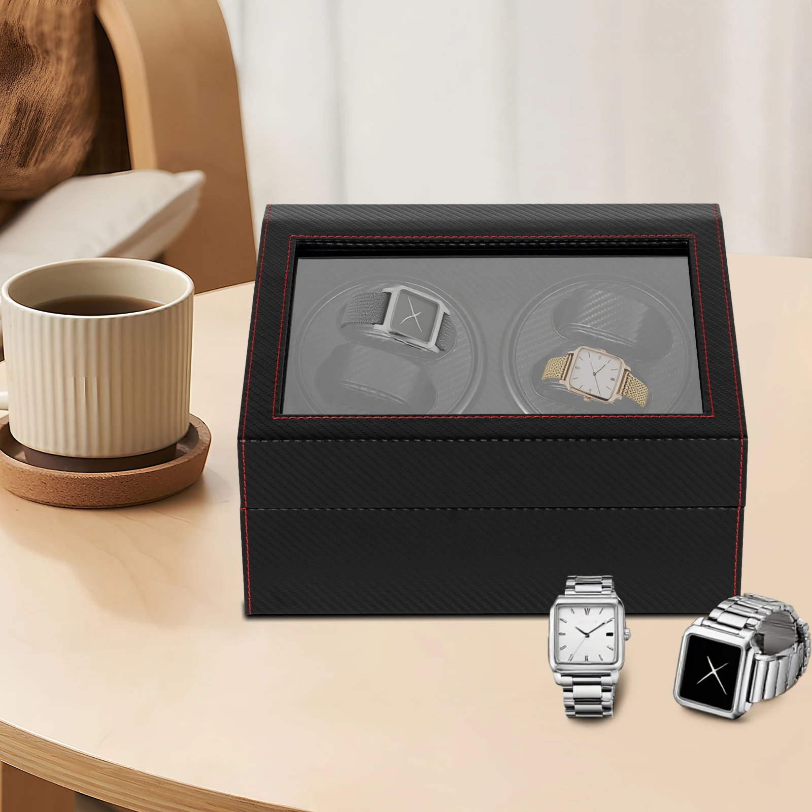 Automatic Watch Winder Display Box with 4+6 Slots for Men and Women, PU Leather Storage Case with Quiet Motor, Rotating Display Tables, Removable Pillows, Dustproof Glass Window, Elegant Luxury Organizer for Mechanical Watches