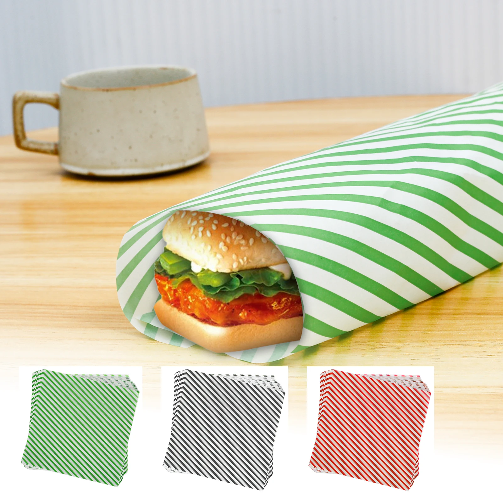 200 Sheets Food Wrapping Paper Striped Print Oil-Resistant Dry Waxed Deli Paper for Sandwiches, Fries, Hot Dogs, Hamburgers, Snacks, Cafeteria, Restaurant, Picnic, Party Use