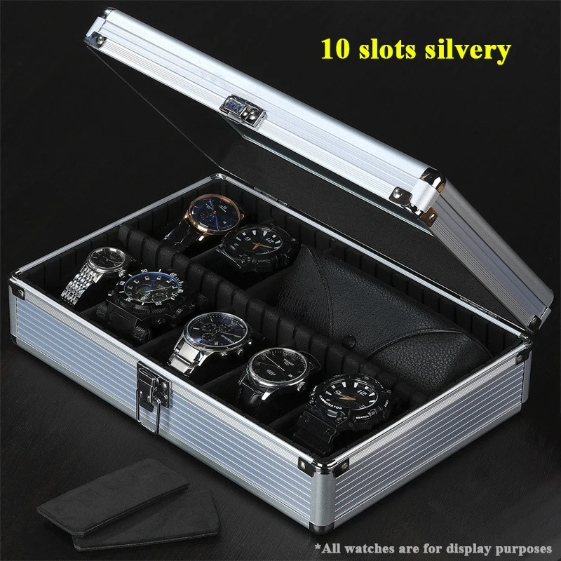 10-Slot Multi-Purpose Aluminum Alloy Watch Storage Case with Removable Internal Dividers, Protective Display Suitcase Organizer for Watches, Bracelets, Jewelry, Portable Travel Carrying and Home Storage - 图片 2